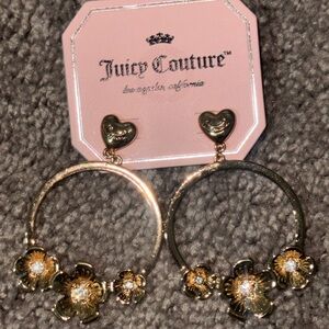 Juicy Couture Gold Floral Heart Hoop Earrings with Crystal Accents